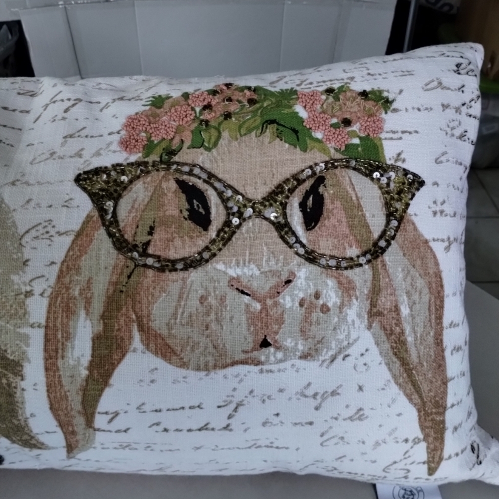 Snuggle Bunny Graphic Beaded Rabbits Cursive Blessed Accent Pillow White Peach - Picture 4 of 15
